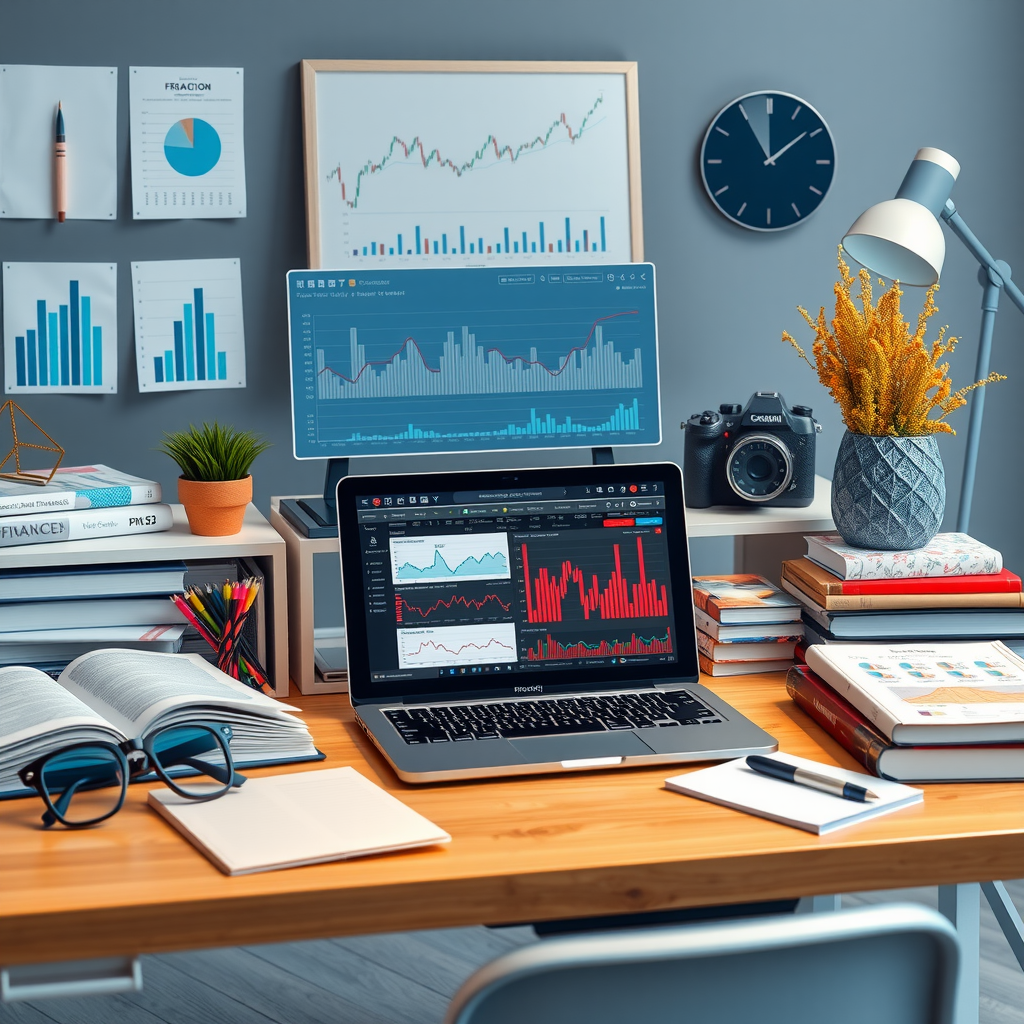 Plateforme éducative moderne montrant des graphiques financiers, des livres et des outils d'apprentissage sur un bureau organisé avec un ordinateur portable affichant des données de marché