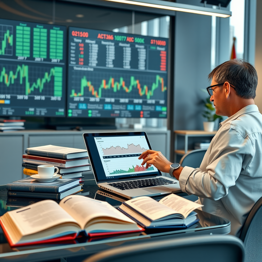 Plateforme éducative montrant des graphiques financiers, des livres sur l'investissement et une personne étudiant les marchés canadiens sur un ordinateur portable dans un environnement professionnel moderne