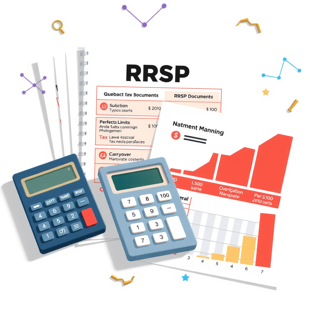 Illustration éducative montrant un graphique de planification REER avec des documents fiscaux du Québec, une calculatrice et des icônes représentant les limites de cotisation et les règles de report