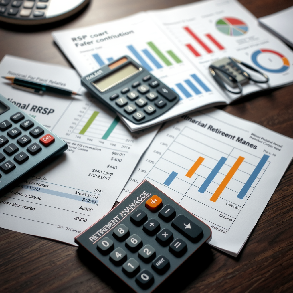 Calculatrice et documents financiers sur un bureau avec des formulaires de cotisation REER et des graphiques de planification de retraite