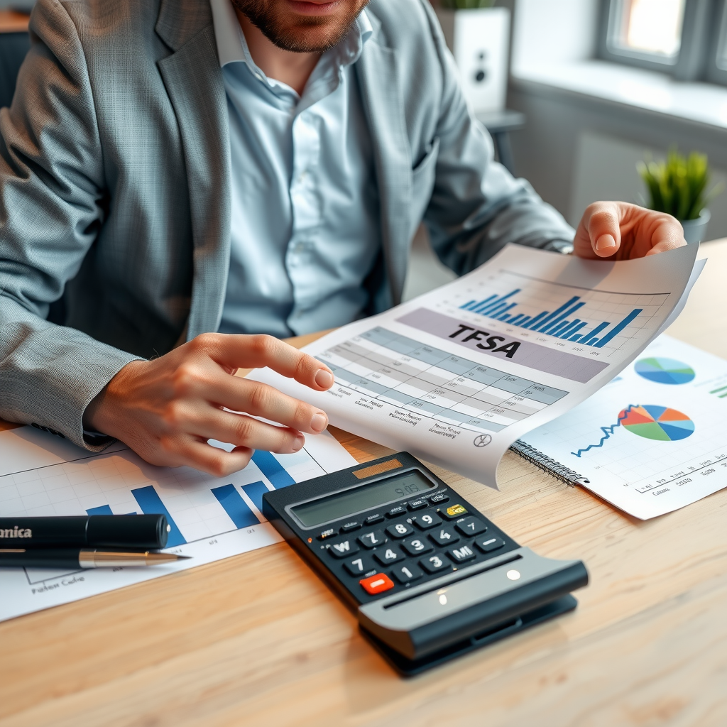 Investisseur canadien consultant des documents sur les CELI avec une calculatrice et des graphiques financiers sur un bureau moderne, représentant la planification financière et l'épargne