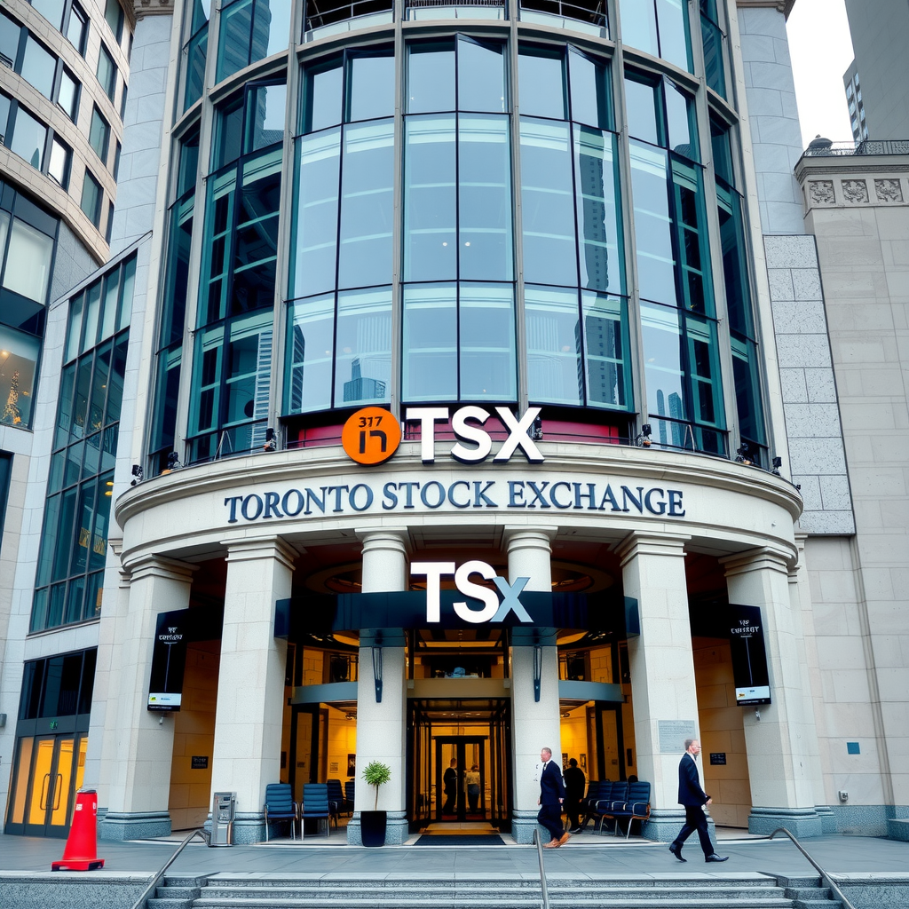Vue extérieure moderne du bâtiment de la Bourse de Toronto avec son architecture distinctive, montrant l'entrée principale et le logo TSX, photographié pendant les heures de marché avec des professionnels en arrière-plan