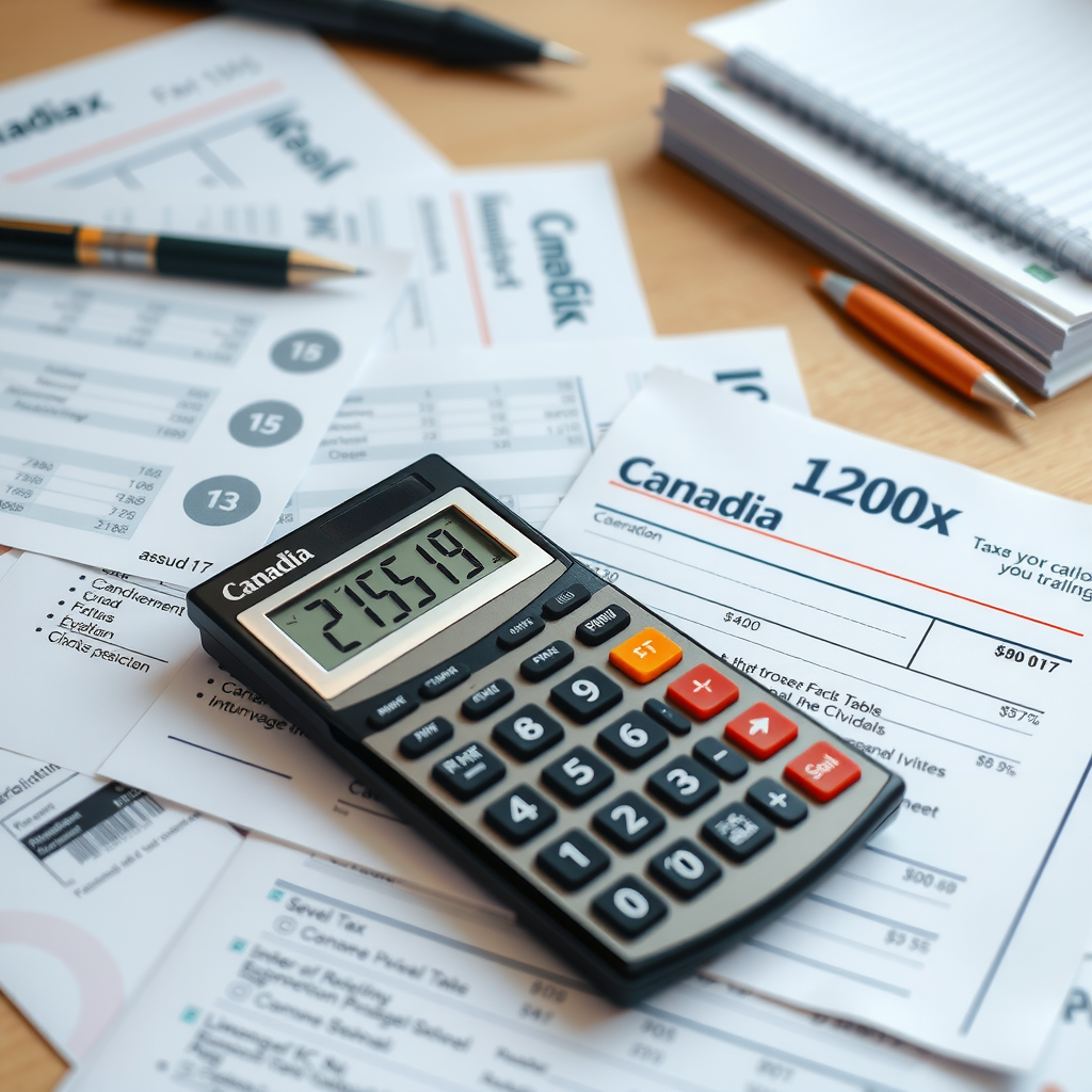 Formulaires fiscaux canadiens et calculatrice sur un bureau avec des relevés de dividendes et documents financiers dans un cadre professionnel