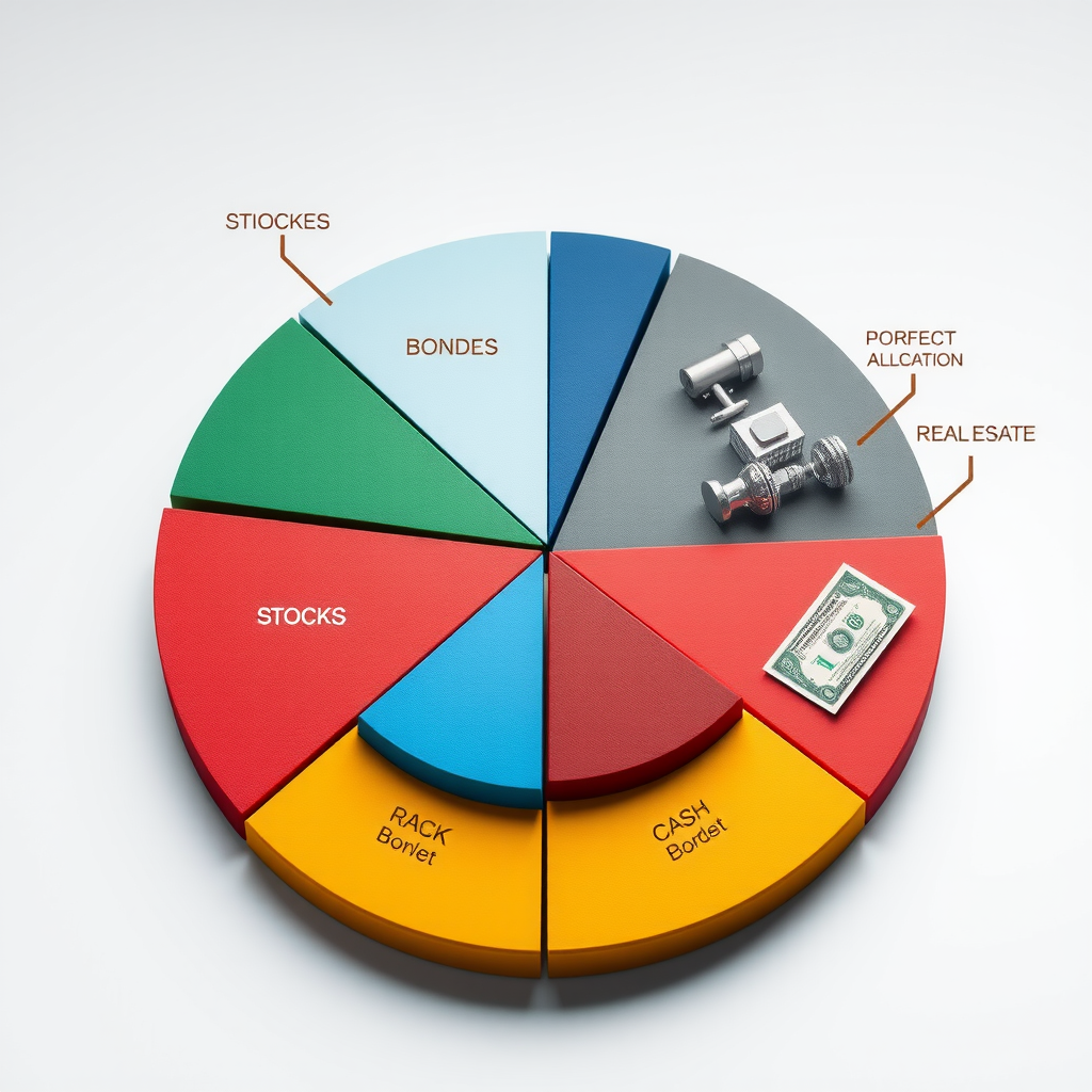 Graphique circulaire d'allocation de portefeuille montrant différentes classes d'actifs incluant actions, obligations, immobilier et liquidités avec des graphiques financiers professionnels