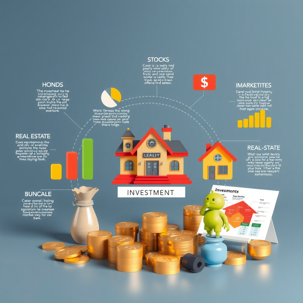 Illustration éducative montrant différents types d'investissements : actions, obligations, immobilier, représentés par des icônes colorées et des graphiques explicatifs sur fond professionnel