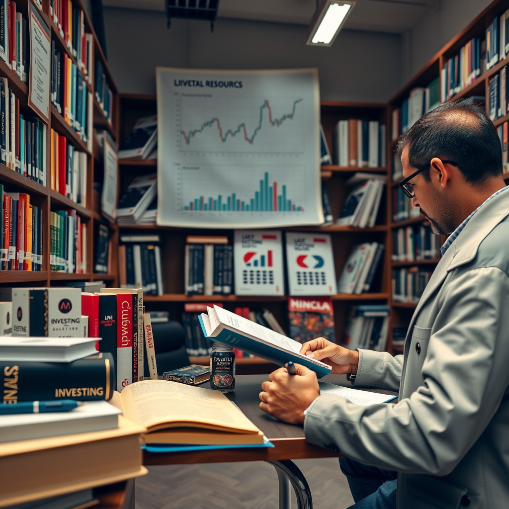 Bibliothèque de ressources éducatives avec des livres sur l'investissement, des graphiques de marché et une personne prenant des notes lors d'une session d'apprentissage sur les finances