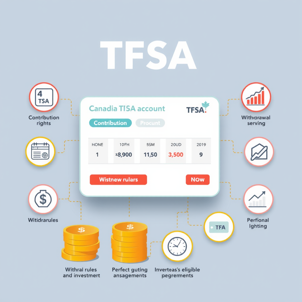 Illustration pédagogique d'un compte CELI canadien avec des icônes représentant les droits de cotisation, les règles de retrait et différents types de placements admissibles