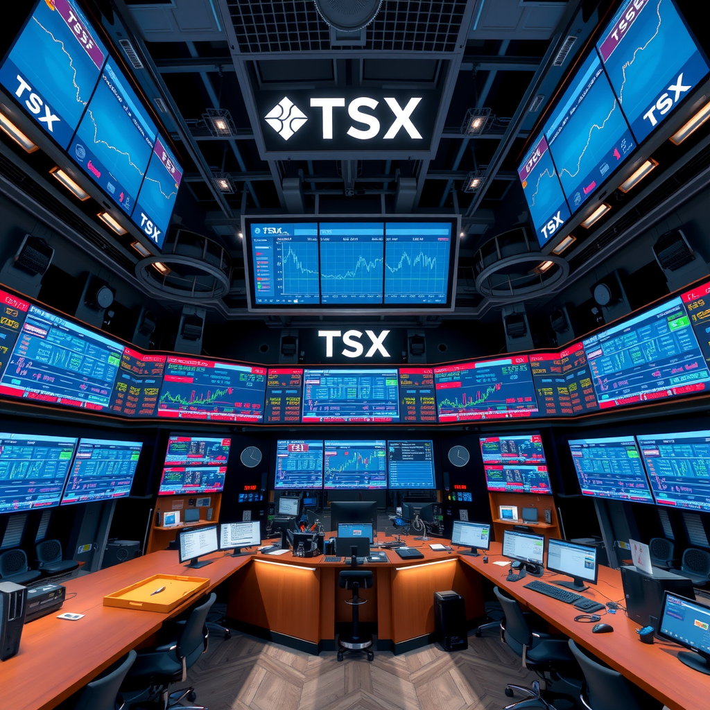 Salle de négociation moderne du TSX avec de multiples écrans numériques affichant des données de marché en temps réel, des graphiques de prix et des volumes de transactions, montrant l'infrastructure technologique avancée