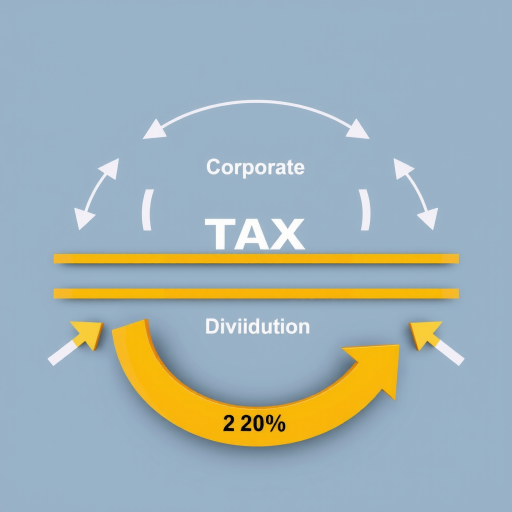 Diagramme illustrant le flux d'impôt corporatif et la distribution de dividendes avec des flèches indiquant le mécanisme d'intégration fiscale, infographie éducative