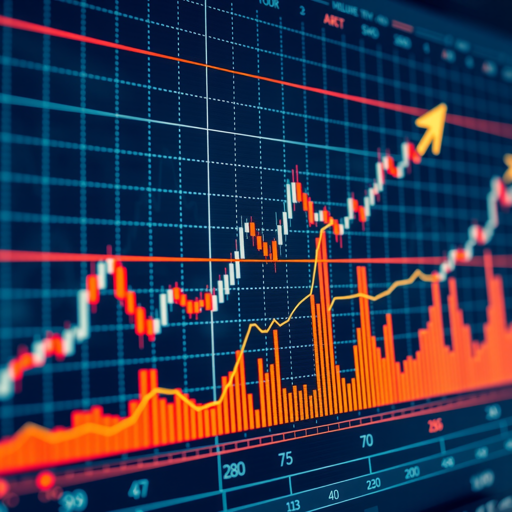 Graphique boursier montrant des tendances de croissance avec trajectoire ascendante, motifs de chandeliers et indicateurs de volume représentant les investissements en actions