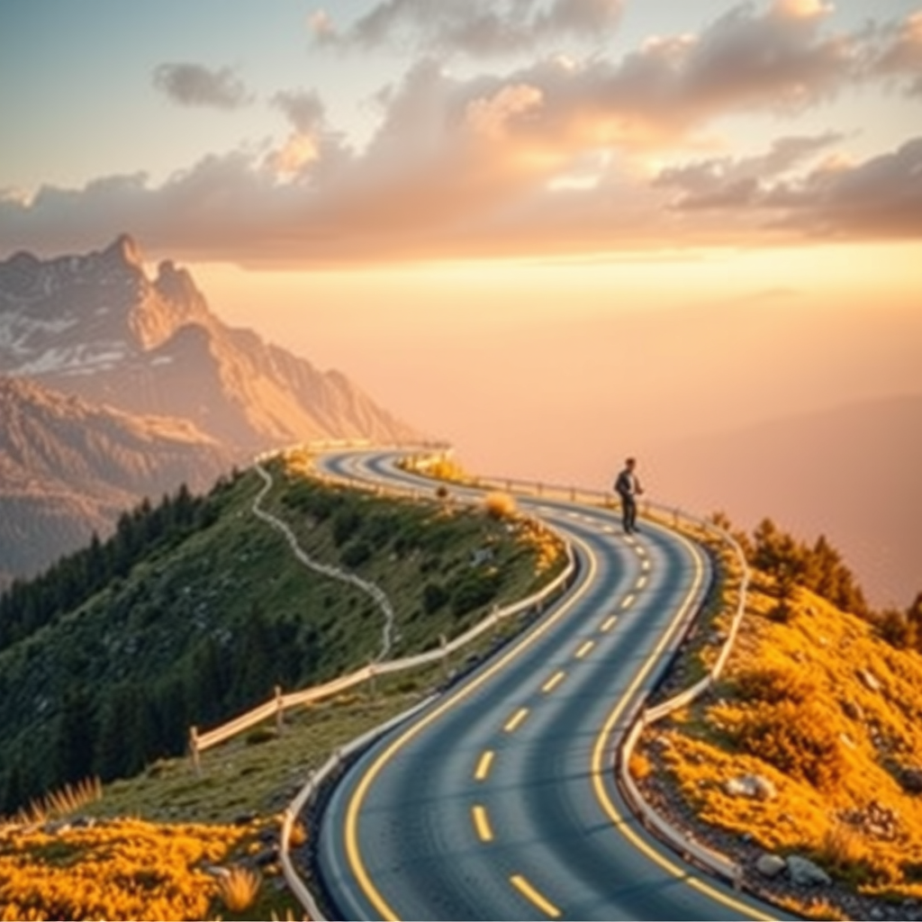 Parcours d'apprentissage illustré par une route sinueuse montant vers le succès, avec des jalons marquant différentes étapes de compréhension financière, sur fond de paysage canadien