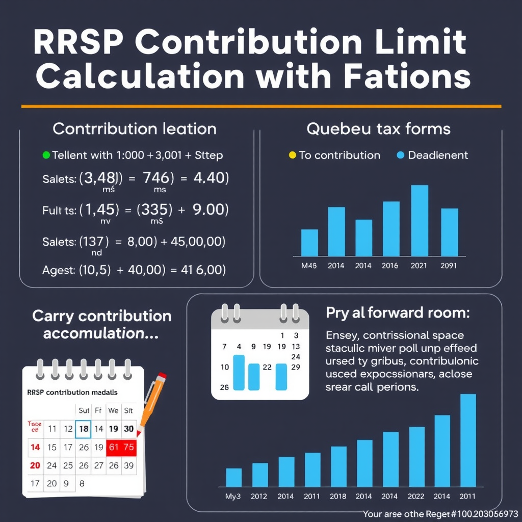 Detailed illustration showing RRSP contribution limit calculations with Quebec tax forms, calculator, calendar showing contribution deadlines, and visual representation of carry-forward room accumulation over multiple years