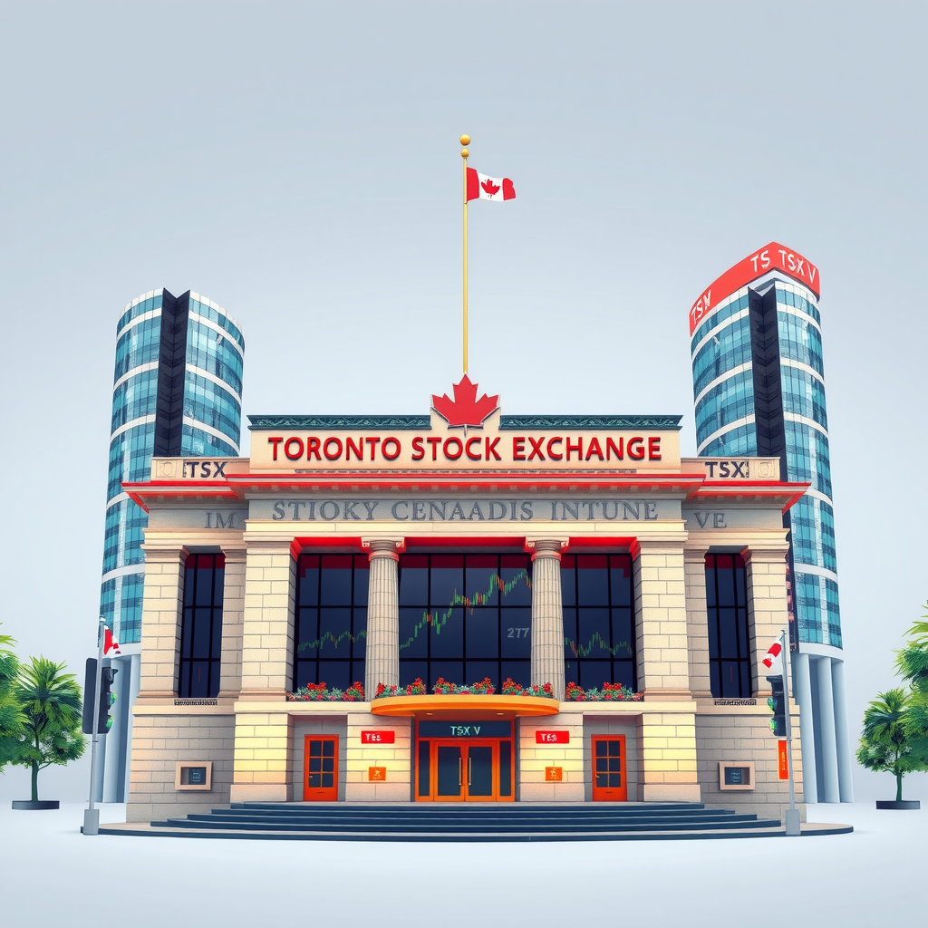 Illustration éducative des principales bourses canadiennes montrant le bâtiment de la Bourse de Toronto, des graphiques de négociation et des symboles représentant TSX et TSX-V