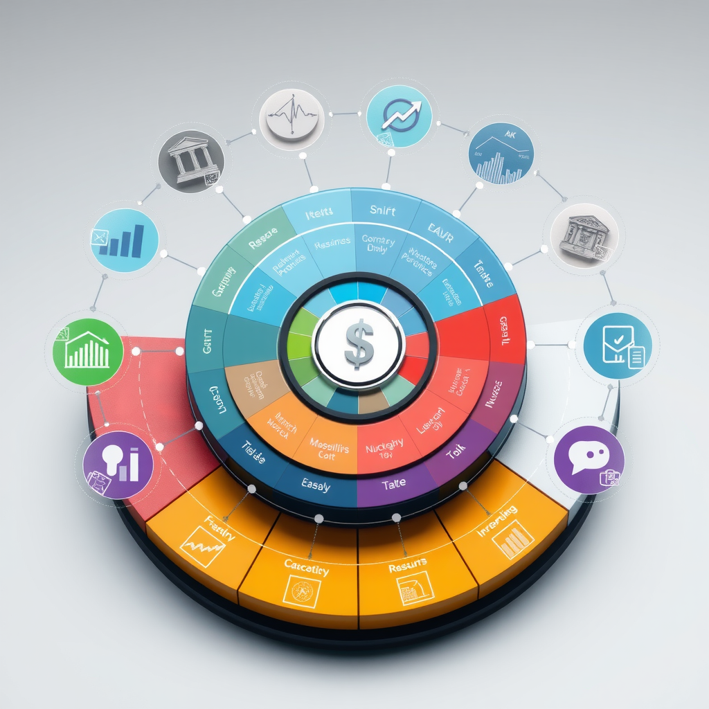 Visualisation d'un portefeuille d'investissement diversifié avec plusieurs classes d'actifs représentées par différents segments colorés et éléments interconnectés