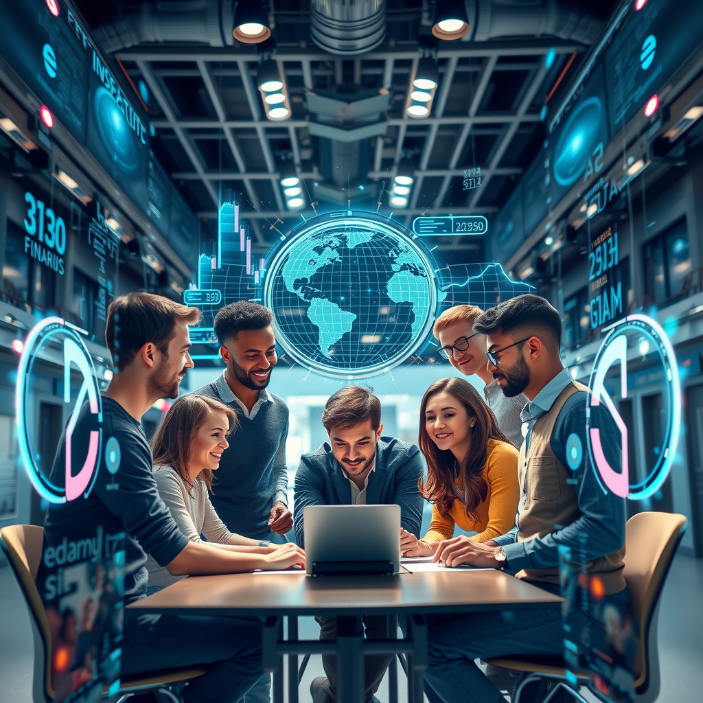 Vision futuriste de l'éducation financière avec des éléments technologiques modernes, des hologrammes de données financières et des personnes diverses apprenant ensemble dans un environnement collaboratif