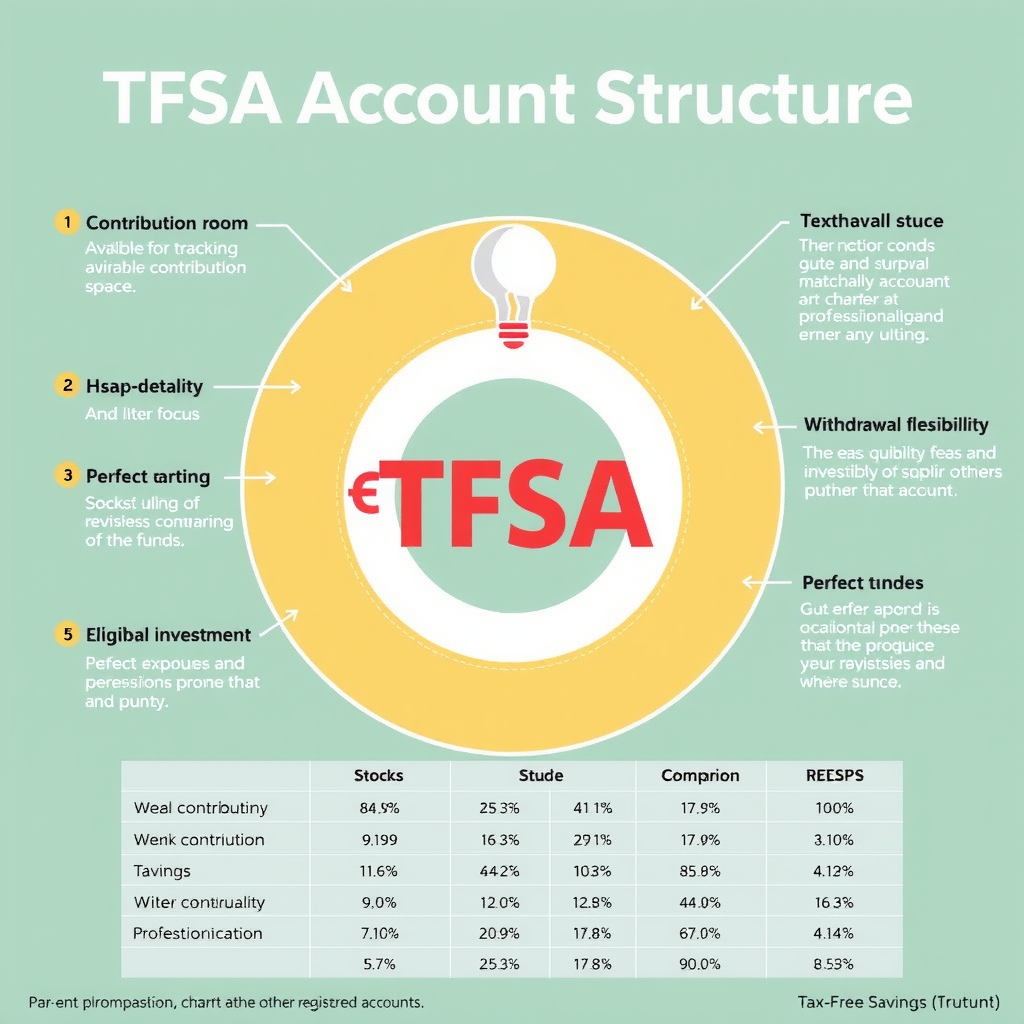 Educational illustration depicting TFSA account structure with visual elements showing contribution room tracking, withdrawal flexibility arrows, various qualified investment types including stocks and bonds, and comparison chart with other registered accounts