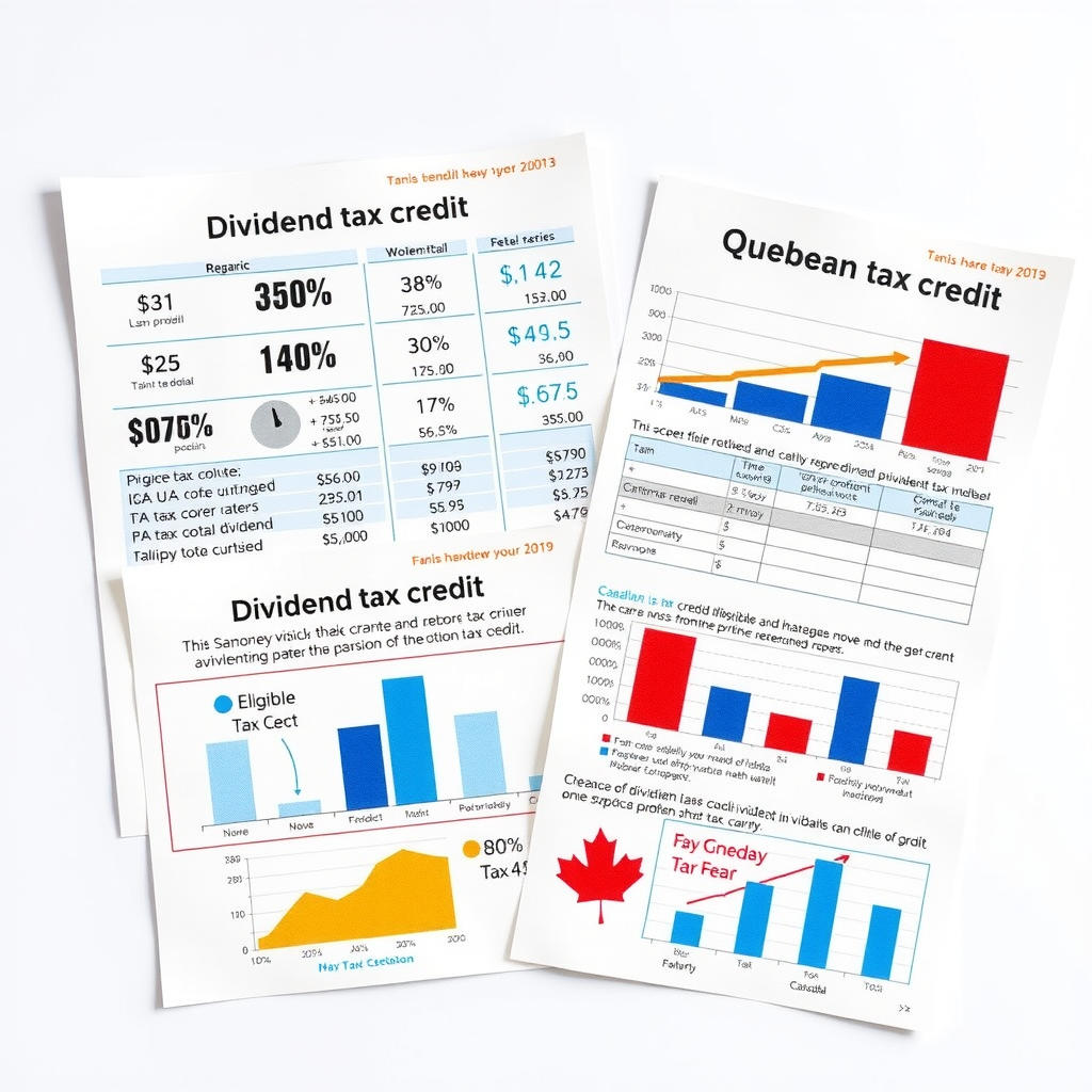 Illustration pédagogique montrant des documents fiscaux canadiens avec des calculs de crédit d'impôt pour dividendes, des graphiques comparant dividendes admissibles et non admissibles, et des icônes représentant le système fiscal du Québec