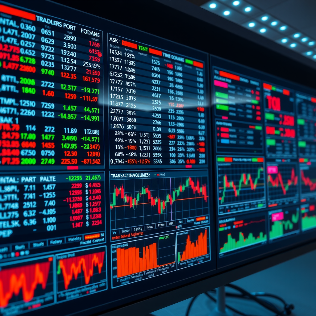 Interface de système de négociation électronique montrant des carnets d'ordres, des prix d'achat et de vente, des volumes de transactions et des graphiques en temps réel, illustrant la technologie moderne de trading