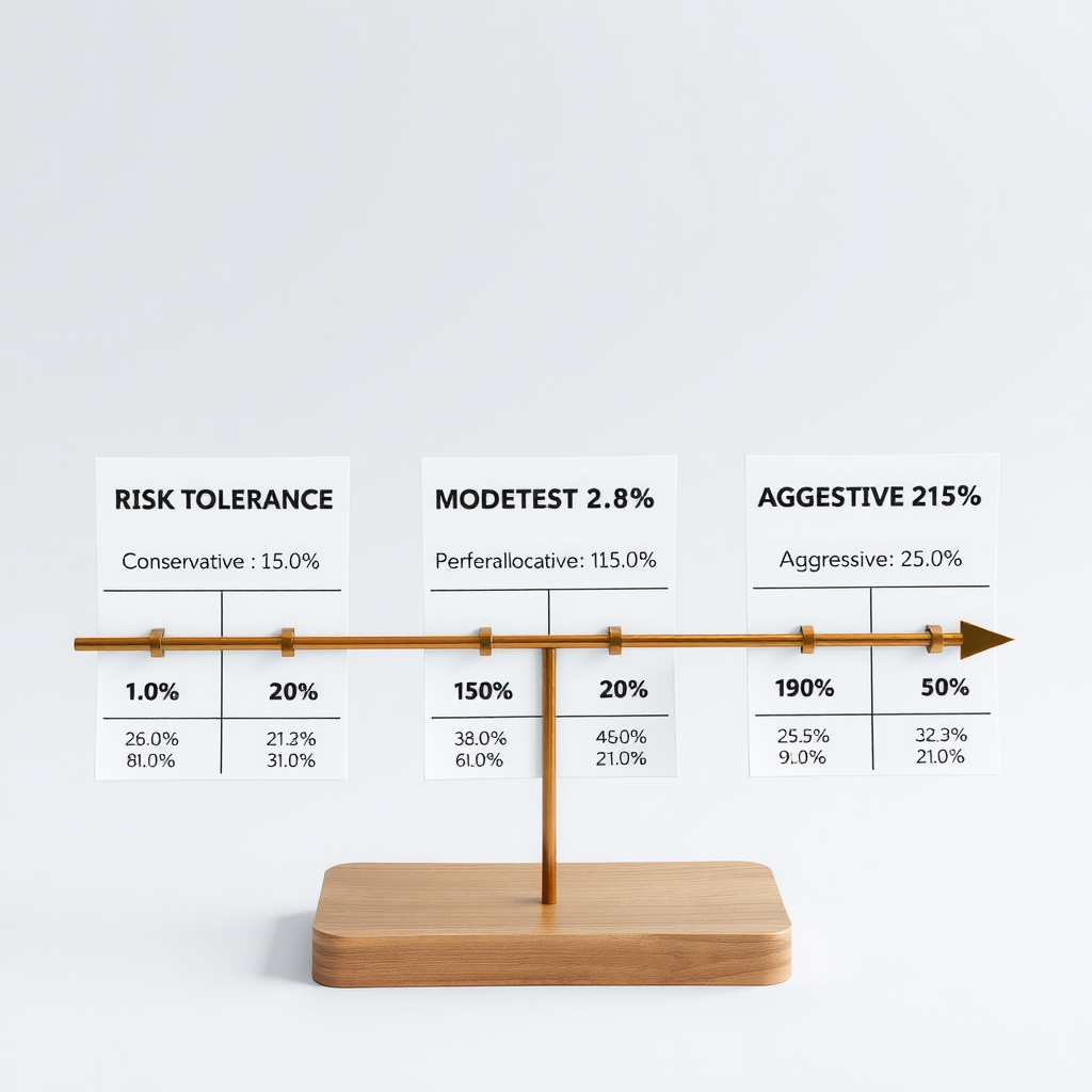 Échelle d'évaluation de la tolérance au risque montrant les profils d'investisseurs conservateurs, modérés et agressifs avec les pourcentages d'allocation d'actifs correspondants