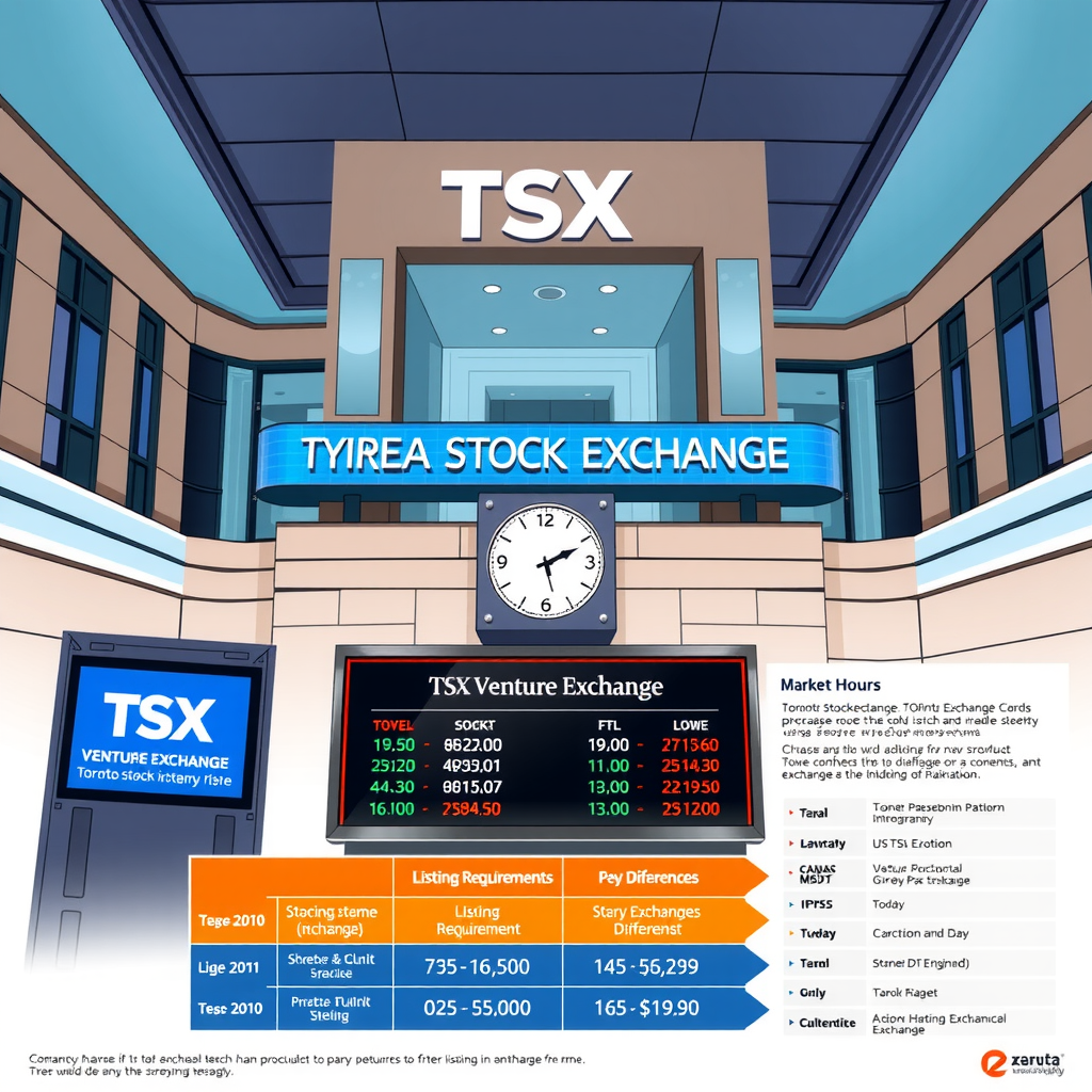 Informative illustration showing Toronto Stock Exchange building facade, TSX Venture Exchange logo, trading floor with digital screens displaying stock tickers, clock showing market hours, and comparison chart highlighting listing requirements and key differences between exchanges