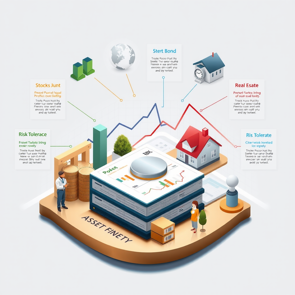 Illustration éducative d'un portefeuille diversifié montrant différentes classes d'actifs (actions, obligations, immobilier) avec des graphiques de répartition, des icônes de rééquilibrage et des concepts de tolérance au risque