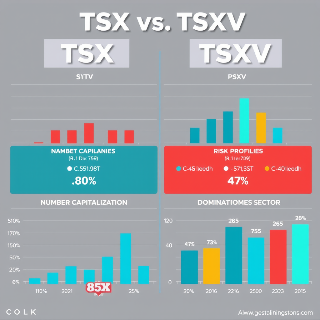 Graphique comparatif détaillé montrant les différences entre TSX et TSXV en termes de capitalisation boursière, nombre d'entreprises, secteurs dominants et profils de risque, avec des barres et des icônes illustratives