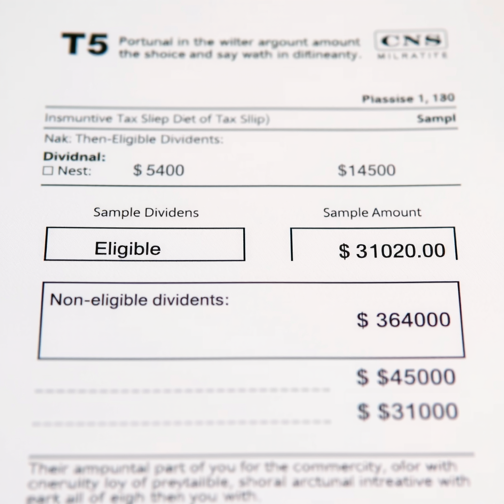 Formulaire de relevé fiscal T5 montrant les cases pour les dividendes déterminés et non déterminés avec des montants d'exemple remplis