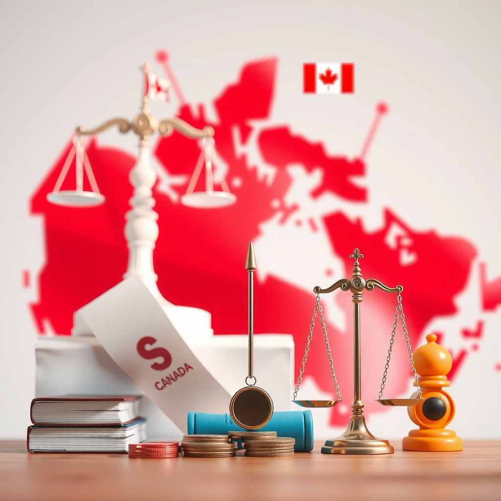 Illustration conceptuelle de la réglementation des valeurs mobilières canadiennes montrant des symboles de protection légale, des documents réglementaires, des balances de justice et des icônes de surveillance du marché