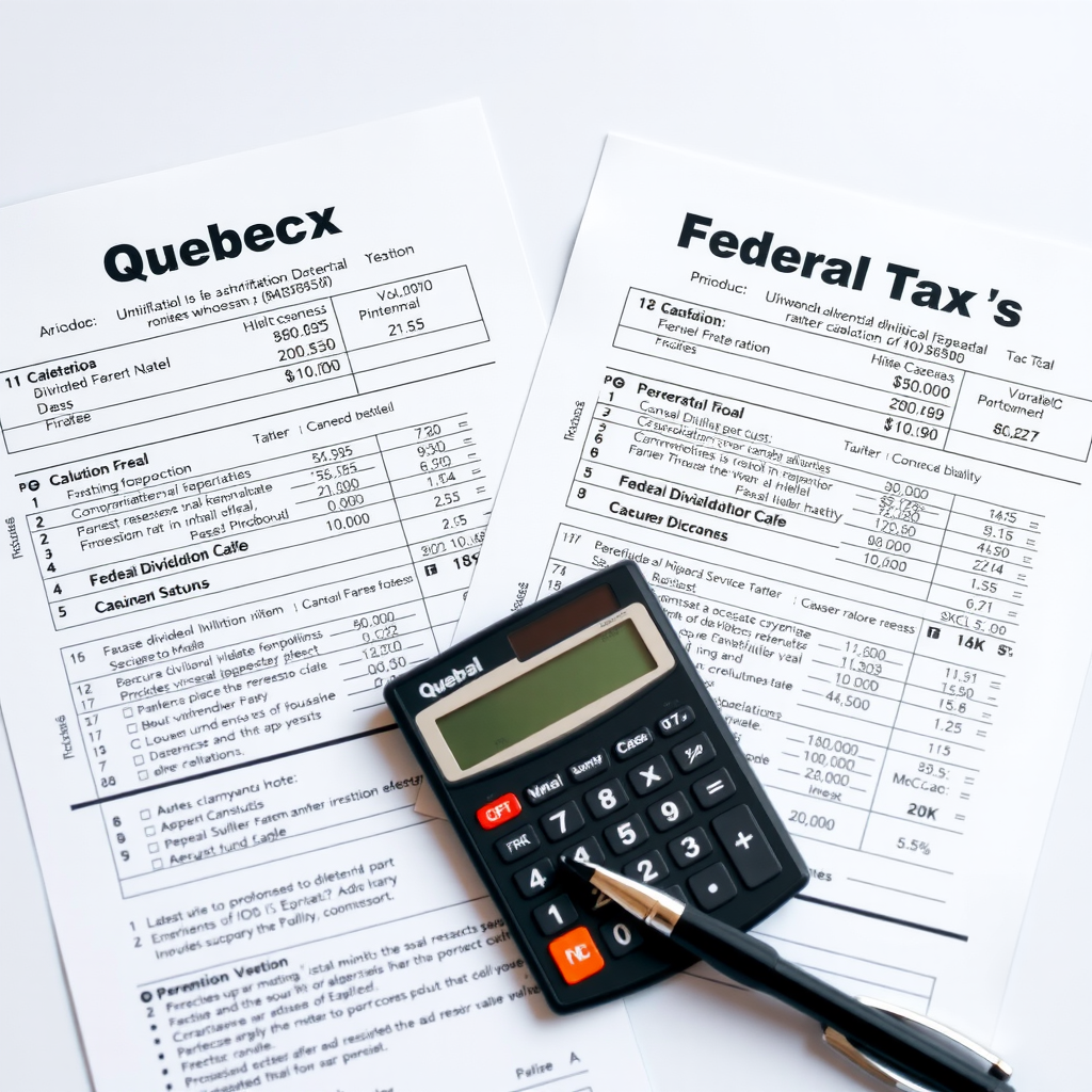 Formulaires fiscaux du Québec et fédéral côte à côte montrant les sections de calcul des dividendes avec calculatrice et stylo