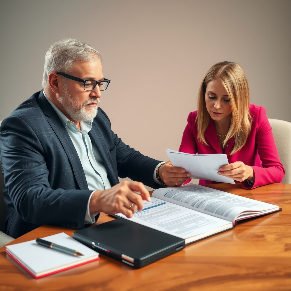 Réunion de planification financière avec conseiller et client examinant un portefeuille d'investissement et des documents fiscaux dans un cadre professionnel